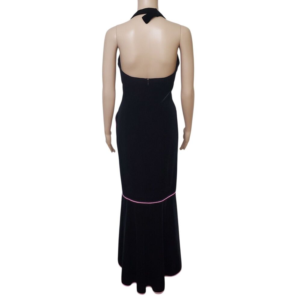 Vtg Betsy & Adam Halter Dress 6 Black Velvet Ruffle Maxi Pink Trim Whimsigoth - Picture 3 of 12